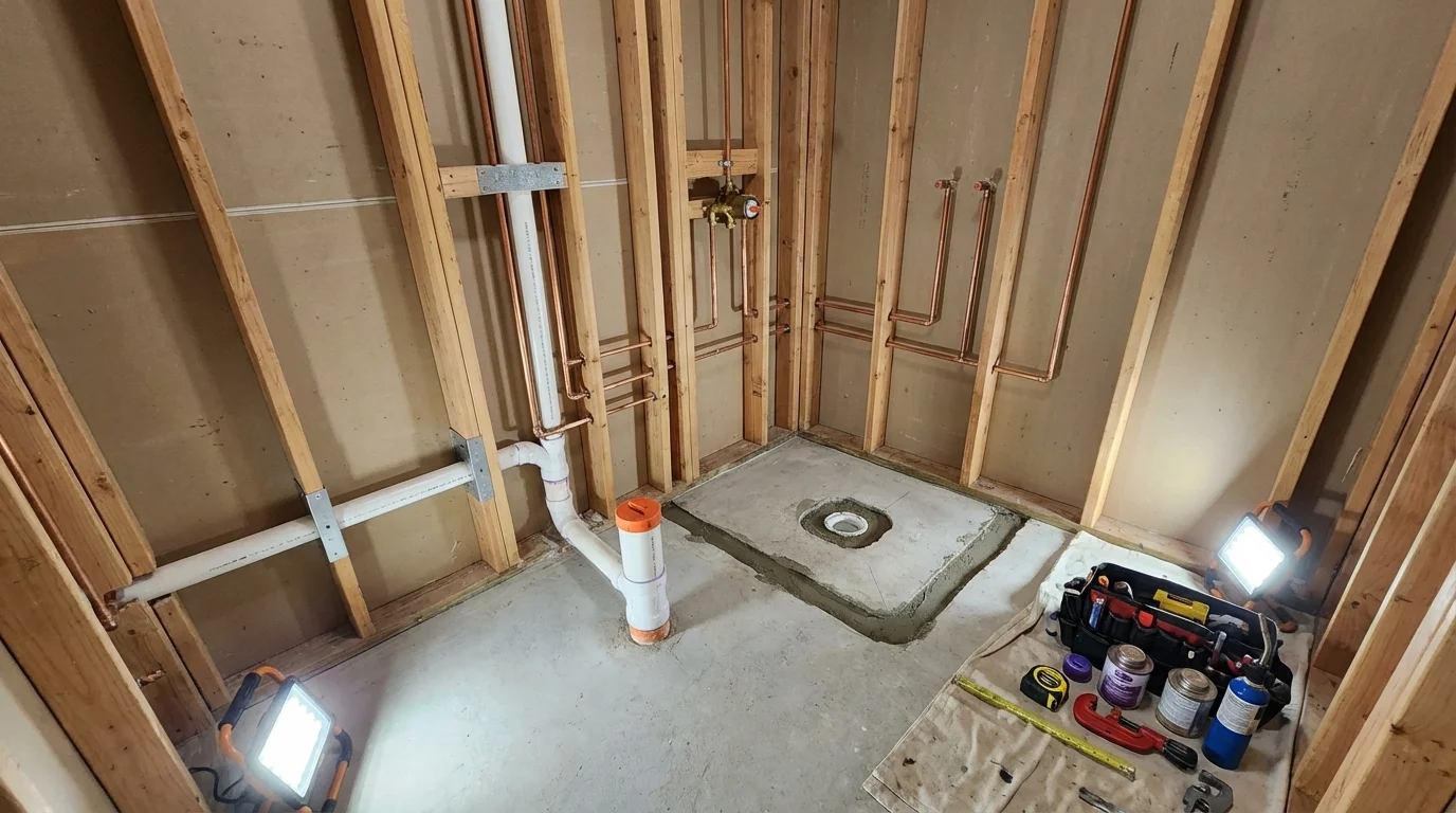 Bathroom rough-in plumbing during remodel by Johns Plumbing LLC in Chapmanville
