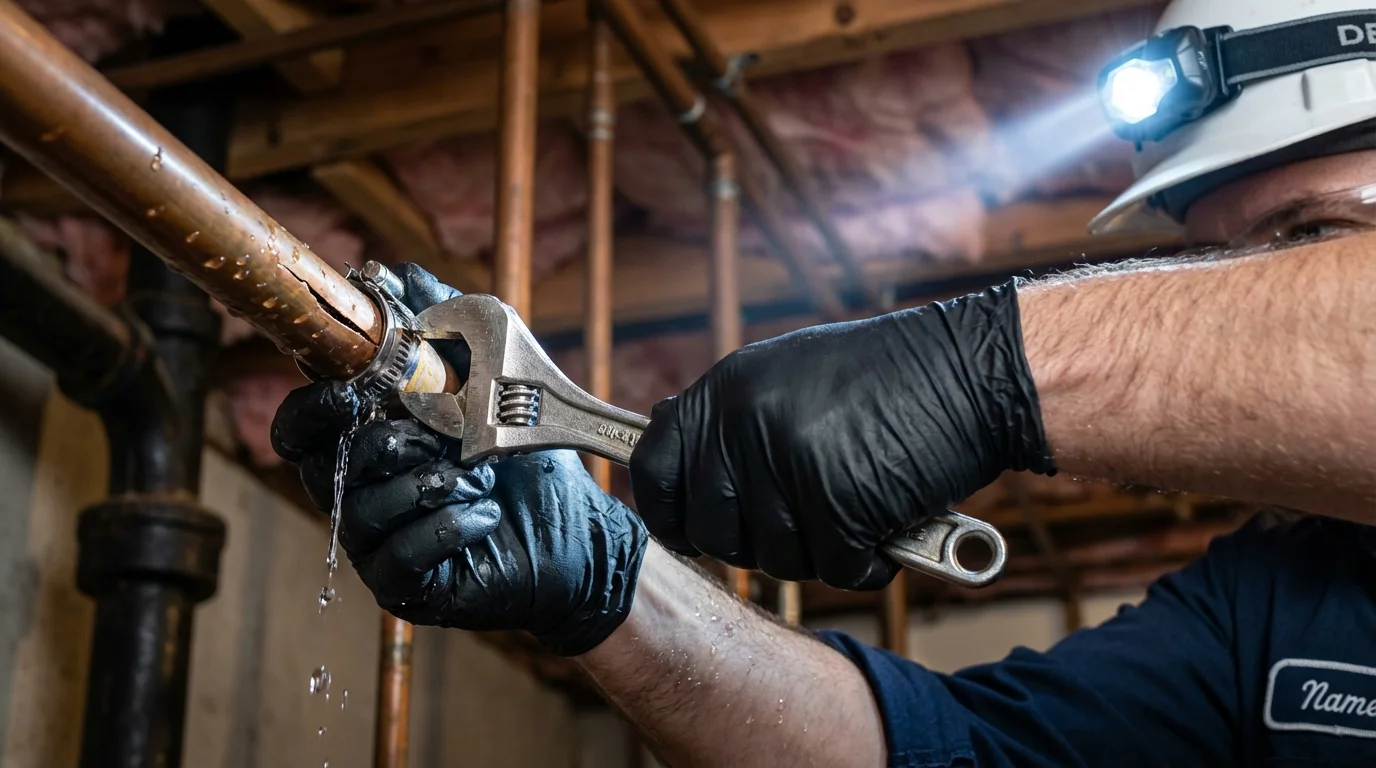 Emergency pipe clamp repair being performed by a Johns Plumbing LLC plumber in Chapmanville