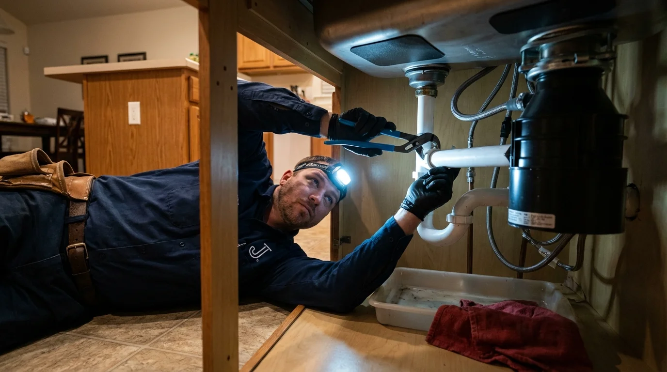 P-trap and supply line connections under a kitchen sink showing a common leak point in Chapmanville, WV